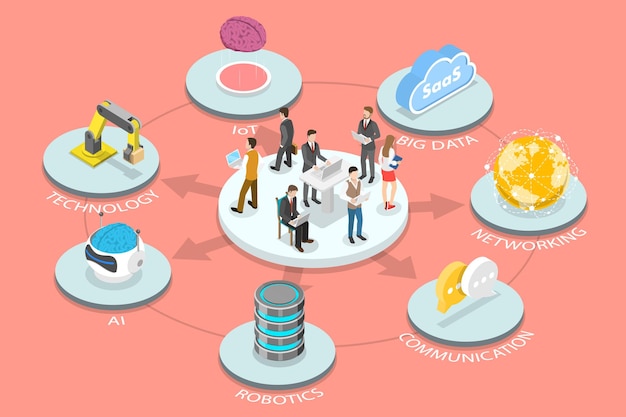 Illustration conceptuelle de la transformation numérique par vecteur plat isométrique 3D