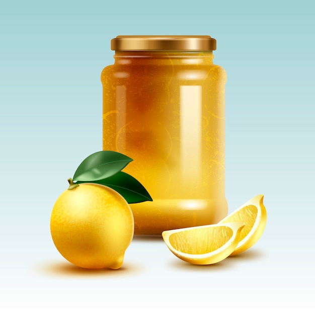 Illustration De La Confiture Maison De Citron Dans Un Grand Pot Avec Des Agrumes Entiers Et Coupés