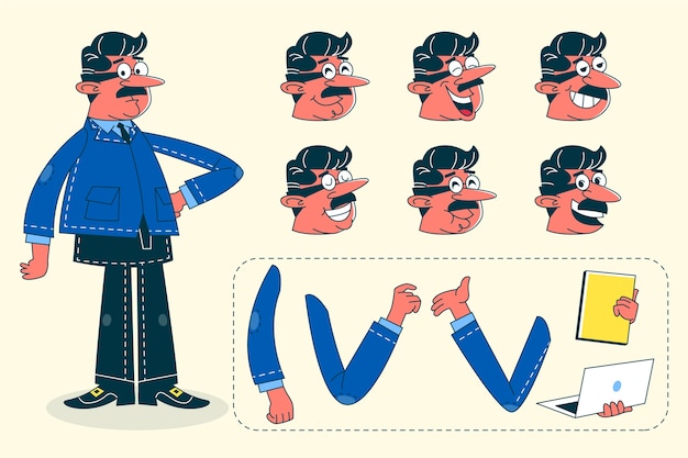 Illustration de constructeur de personnages de dessins animés rétro dessinée à la main