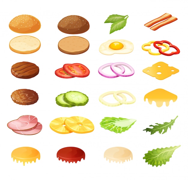 Illustration De Constructeur De Sandwich Burger Isométrique, Ingrédients De Menu De Dessin Animé 3d Pour Jeu D'icônes De Hamburger Isolé Sur Blanc