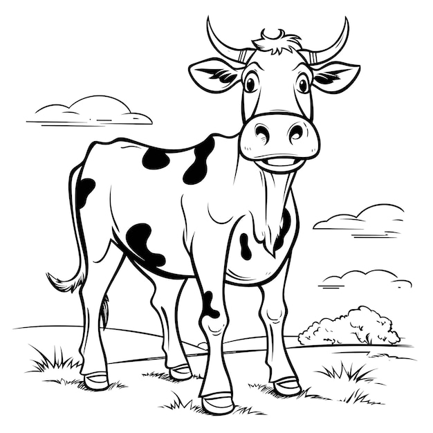 Vecteur illustration de contour animal dessiné à la main pages à colorier de vache mignonne pour les enfants