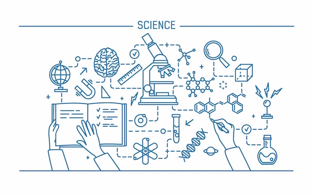 Illustration De Contour Art Ligne. Mot De Science Et Concept Technologique. Bannière Design Plat