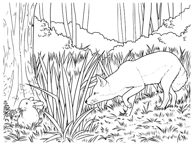 Illustration De Contour De Chasse Au Renard Habitat Dessiné à La Main De Vecteur