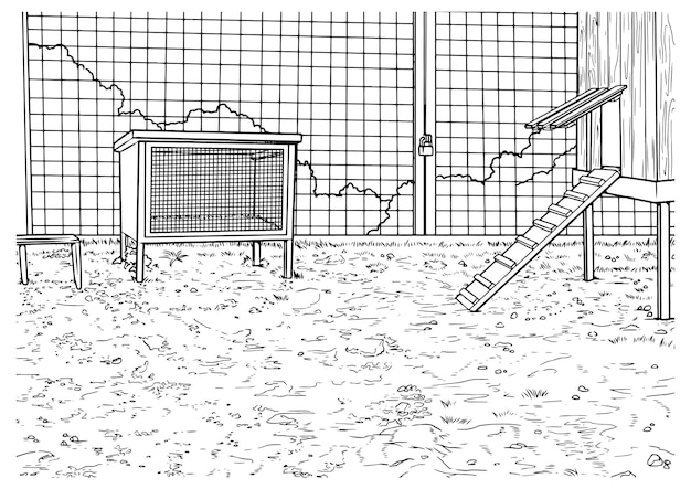 Vecteur illustration de contour d'enclos de poulet intérieur d'habitat dessiné à la main de vecteur