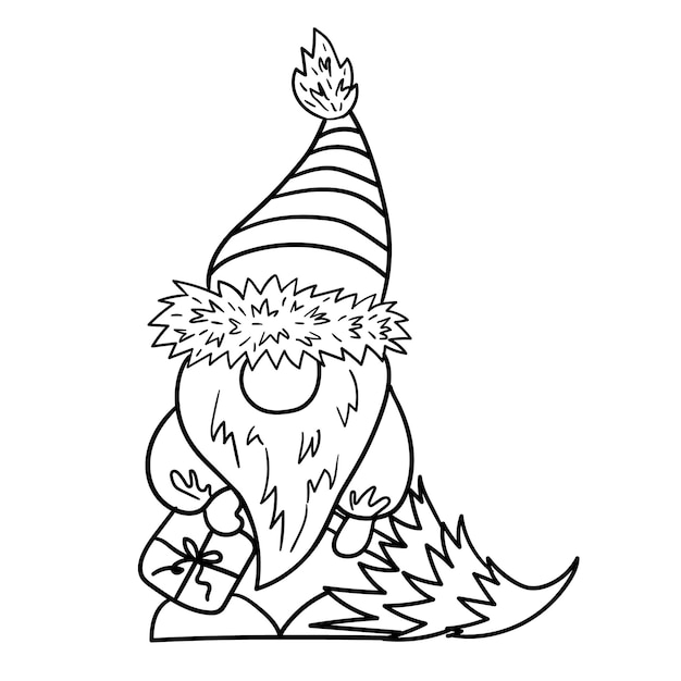 Illustration De Contour D'un Gnome Avec Un Cadeau Et Un Arbre De Noël