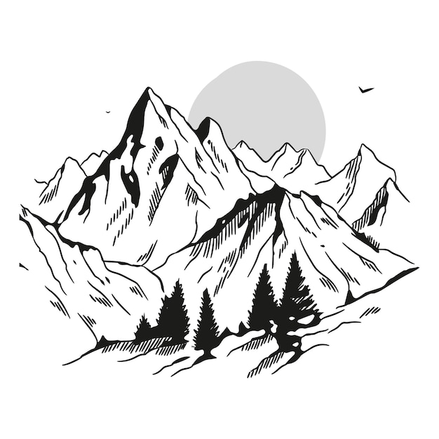 Vecteur illustration de contour de montagne dessiné main monochrome