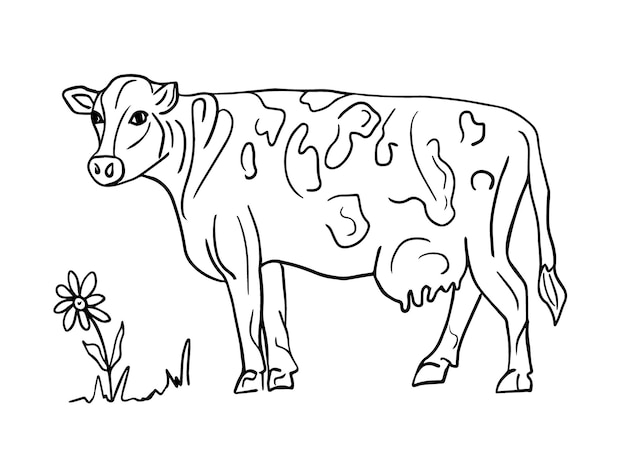 Illustration de contour d'une vache avec un mamelon d'animal dessiné à la main dans le style de doodle