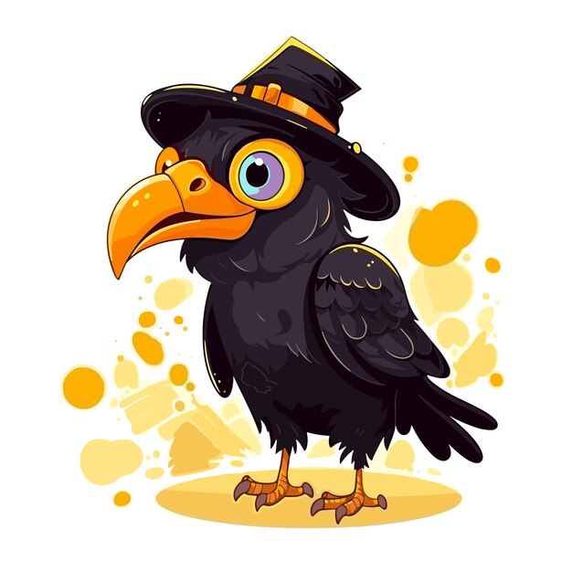 Vecteur illustration de corbeau dessinée à la main oiseau de dessin animé noir et jaune