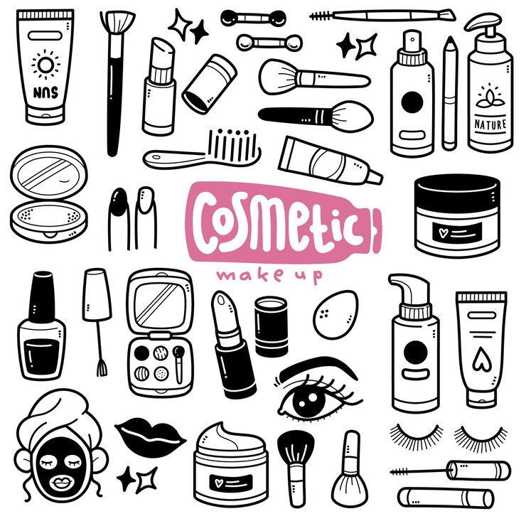 Vecteur illustration cosmétique de griffonnage noir et blanc