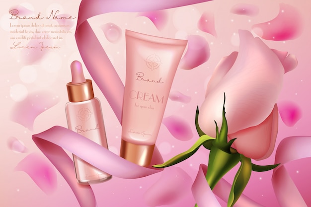 Illustration de cosmétiques de luxe rose rose. Affiche de promotion de produit cosmétique de beauté avec sérum crème de soin de la peau dans une bouteille en verre, emballage de tube en plastique, ruban rose tendre et fond de fleur rose