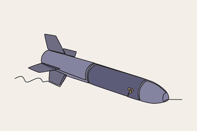 Vecteur illustration en couleur d'une fusée nucléaire volant dessin en ligne d'une arme nucléaire