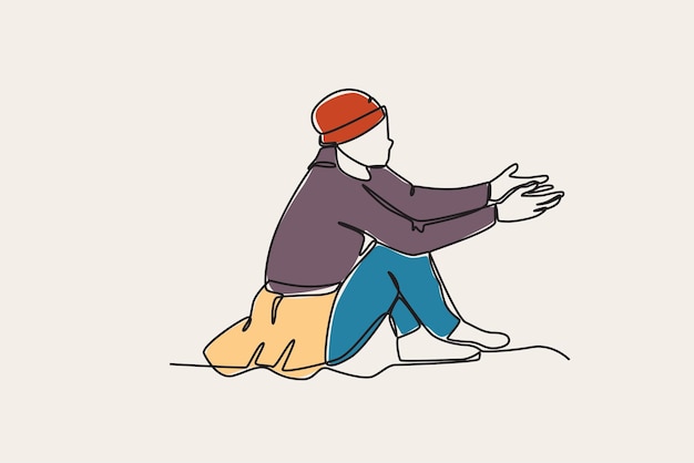 Illustration couleur d'un homme mendiant dans la rue Dessin au trait sans abri