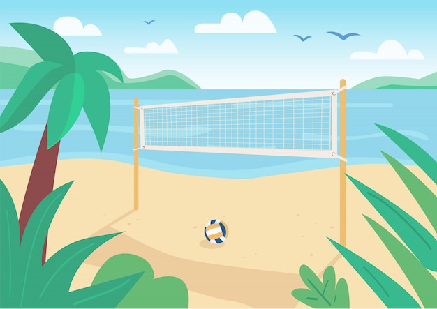 Illustration de couleur plat net de beach-volley. Jeu de balle cort extérieur. Animation de vacances d'été. Paysage de dessin animé 2D Seacoast avec de l'eau et des palmiers tropicaux sur fond