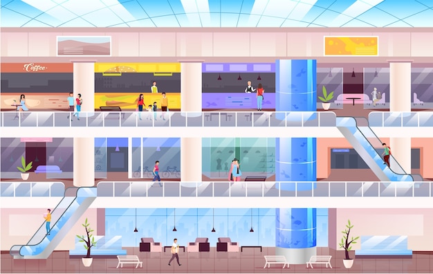 Illustration De Couleur Plate Du Centre Commercial. Gens Dans Les Personnages De Dessins Animés 2d De Grand Centre Commercial Avec Skyline Sur Fond. Hall à Plusieurs étages Avec Divers Magasins. Espace De Vente Au Détail Moderne, Entreprise Commerciale