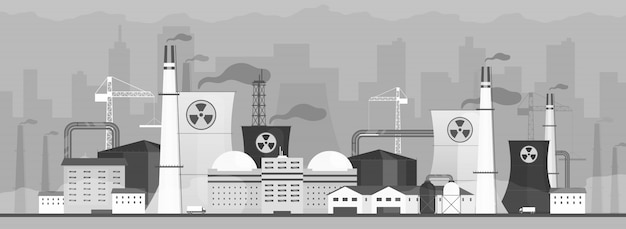 Illustration De Couleur D'usine Polluant L'air. Paysage De Dessin Animé De Centrale électrique Dangereuse Avec Paysage Urbain Sur Fond. Station D'énergie Industrielle Fumant Des Déchets Toxiques. Problème De Smog Urbain Dangereux