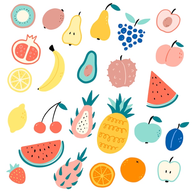 Illustration Couleur Vecteur Plat De Fruits De Dessin Animé Dans Un Style Doodle.