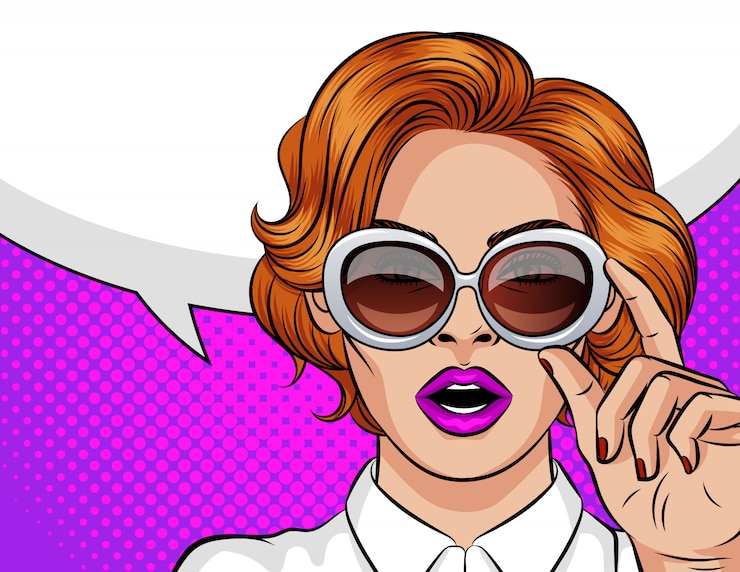 Vecteur illustration en couleurs dans un style pop art. une fille aux cheveux rouges portant des lunettes de soleil.