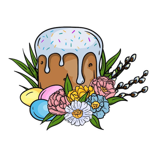 Illustration En Couleurs Vives Du Gâteau De Pâques, De La Chatte, Du Saule Et Des œufs Dans L'herbe Et Les Fleurs.