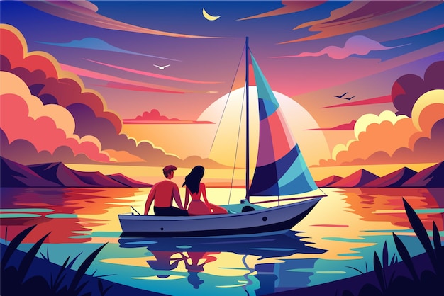 Illustration D'un Couple Assis Dans Un Voilier Sur Un Lac Au Coucher Du Soleil Avec Un Ciel Vibrant Rempli De Nuances De Rose Violet Orange Entouré De Montagnes Et De Roseaux Et D'oiseaux Volant Au Loin