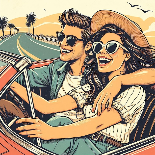 Vecteur illustration d'un couple conduisant une voiture ensemble