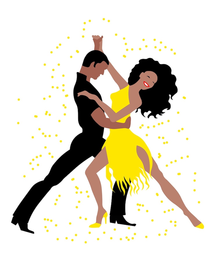 Vecteur illustration d'un couple dansant un homme en noir et une femme en robe jaune