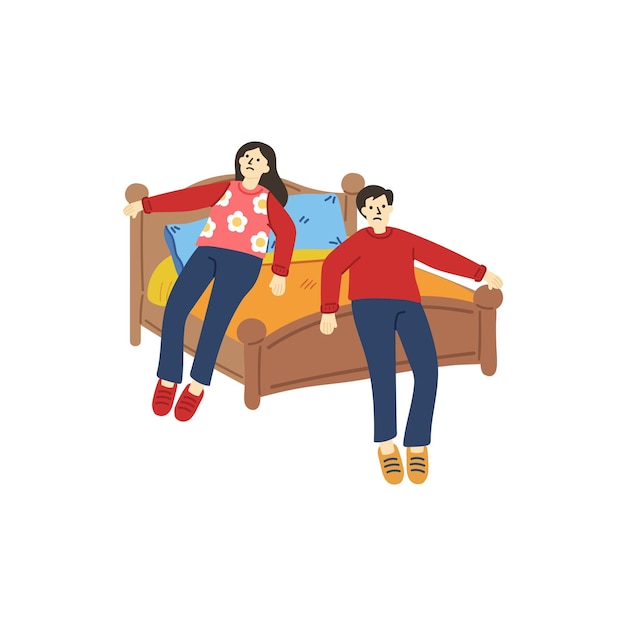 illustration d'un couple essayé et se détendant sur le lit