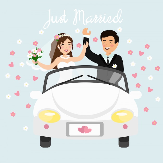 illustration d'un couple juste marié au volant d'une voiture blanche en voyage de noces. Mariage mariée et le marié en style cartoon plat.