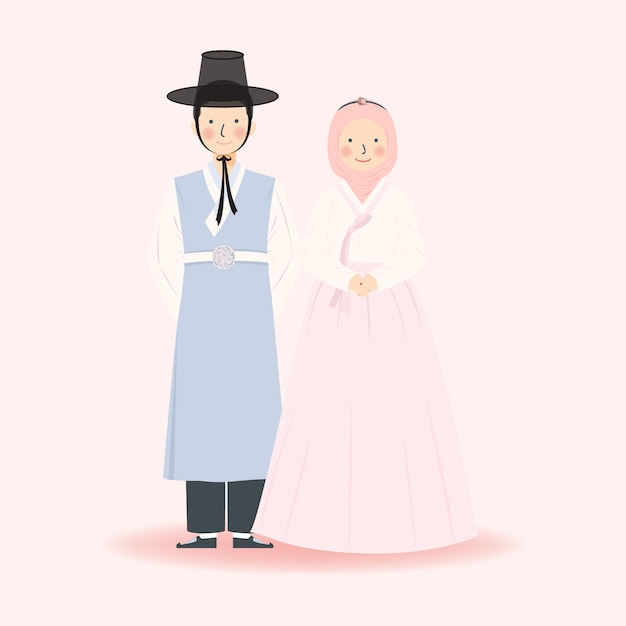 Vecteur illustration de couple mignon musulman dans les vêtements de mariage traditionnels de corée du sud hanbok, illustration de couple musulman dans une tenue de robe formelle royale élégante minimaliste simple