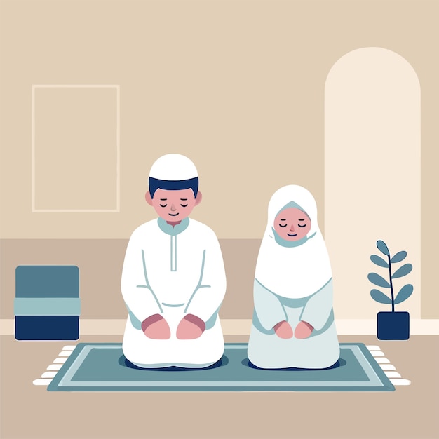 Vecteur illustration d'un couple musulman accomplissant une prière islamique