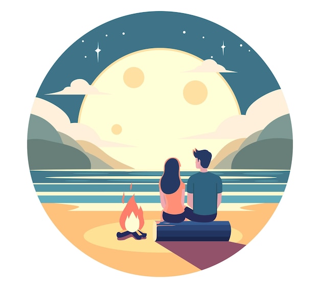 Vecteur illustration de couple sur la plage avec des couleurs douces au clair de lune design plat 2d