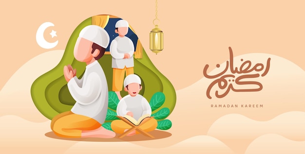 Illustration Créative Du Ramadan Avec Un Homme Priant Et Lisant La Composition Du Coran