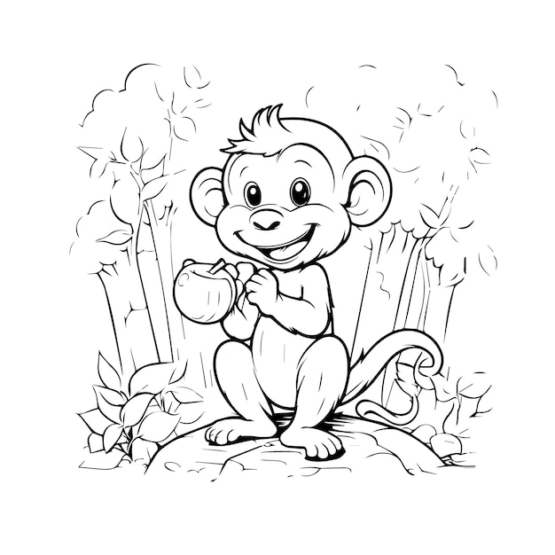 Illustration créative vectorielle enfantine d'un singe heureux coloriage ou page