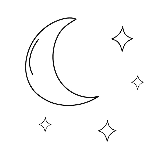 Vecteur illustration d'un croissant de lune et d'étoiles sur fond blanc le clipart vectoriel est noir dans le style doodle parfait pour les enfants ferme les plats de fonds d'écran ou pour le livre de coloriage