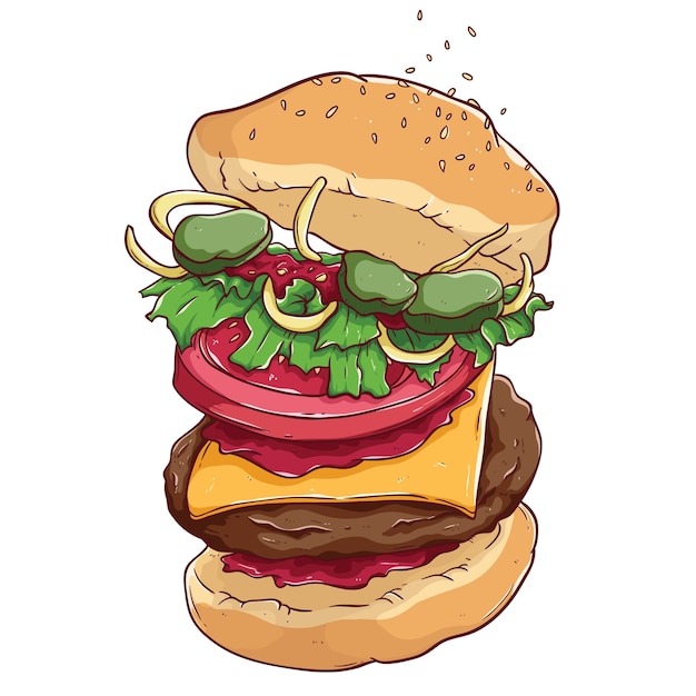 illustration de croquis de délicieux hamburger avec couleur et contour
