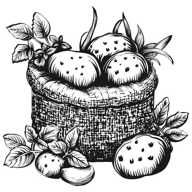 Illustration De Croquis Dessinés à La Main De Pommes De Terre Mûres Dans Un Sac En Toile De Jute Produits Biologiques Frais De Ferme