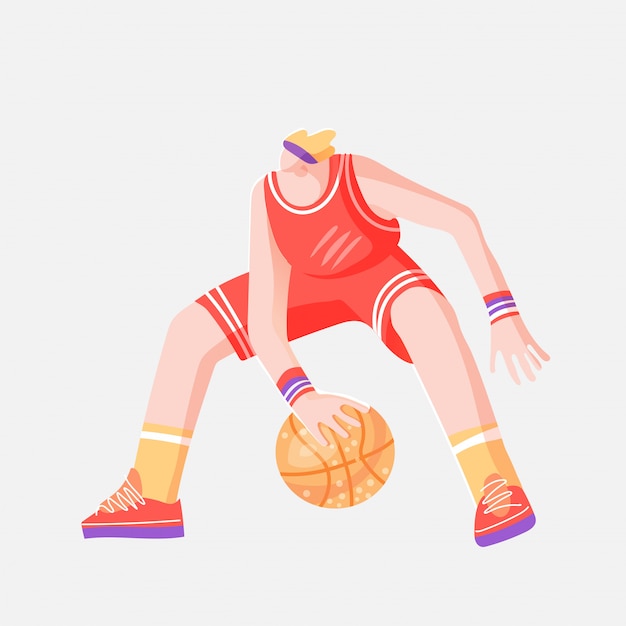 Illustration De Croquis Plat Couleur Vecteur De Basketteur Professionnel, Jouant Avec Le Ballon Dans Une Pose Dynamique, Isolé Sur Blanc.