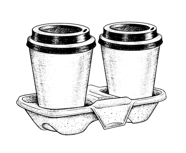Vecteur illustration de croquis vintage de tasses à café dans le transporteur