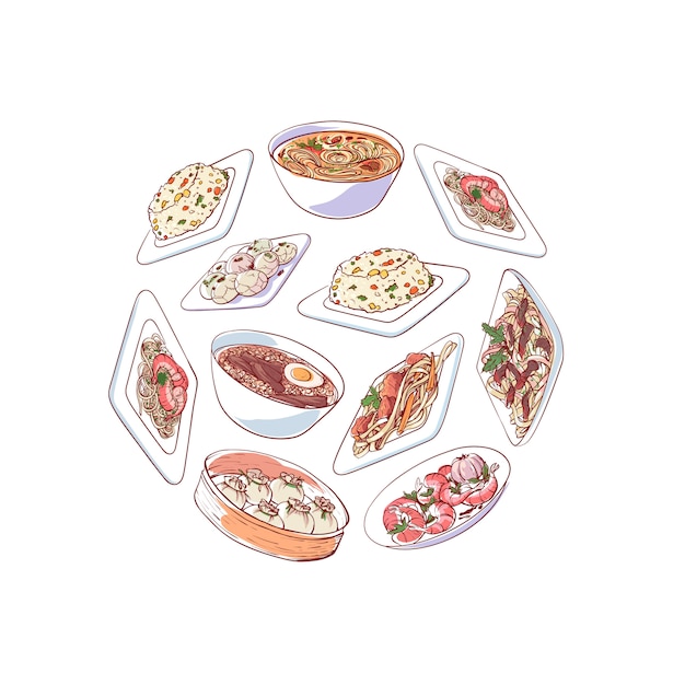 Vecteur illustration de la cuisine chinoise avec des plats asiatiques