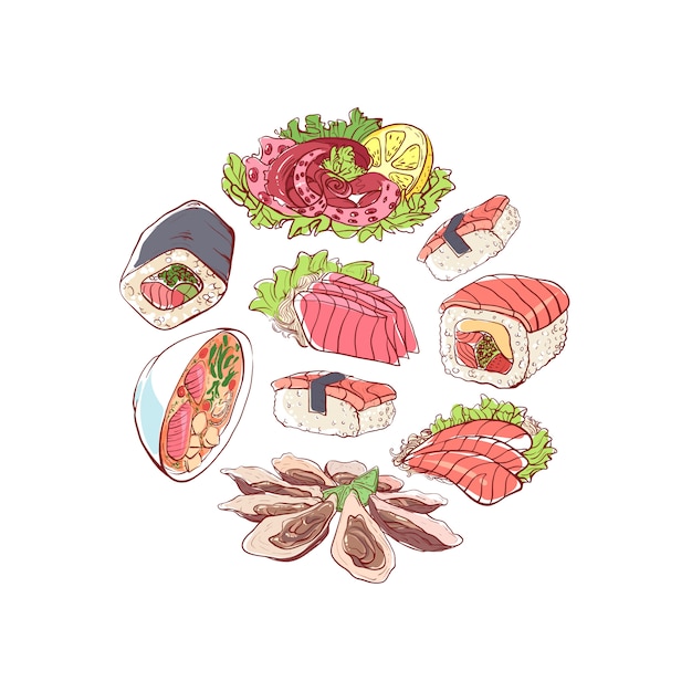 Vecteur illustration de la cuisine japonaise avec des plats asiatiques