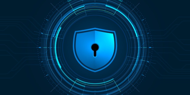 Illustration de cybersécurité, bouclier bleu et interface futuriste de cercle sur fond sombre.