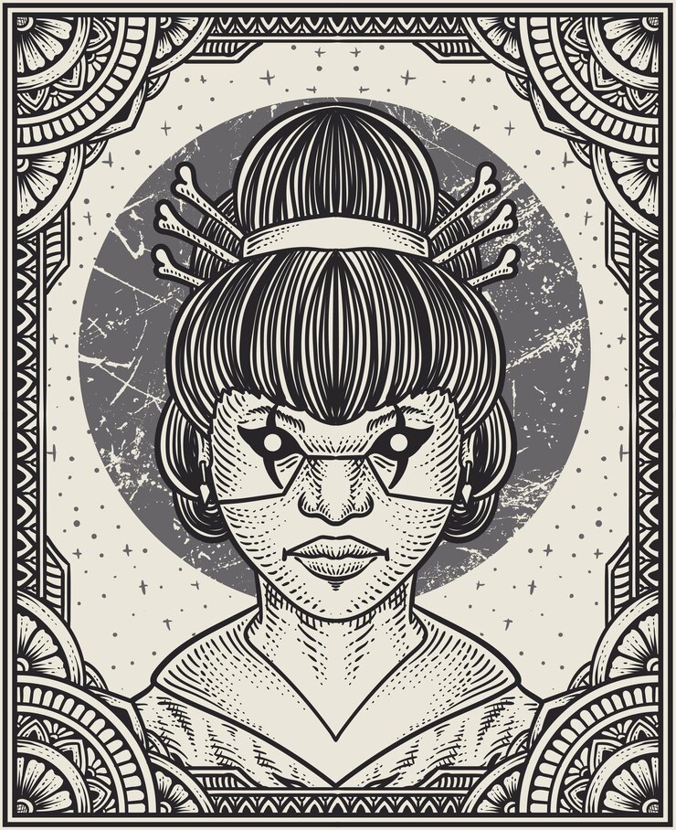 Vecteur illustration dame geisha avec cadre d'ornement de gravure