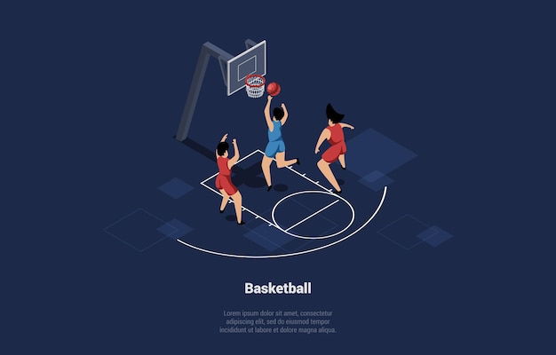 Illustration Dans Le Style 3d De Dessin Animé De L'équipe De Joueurs De Basket-ball Sur Le Terrain