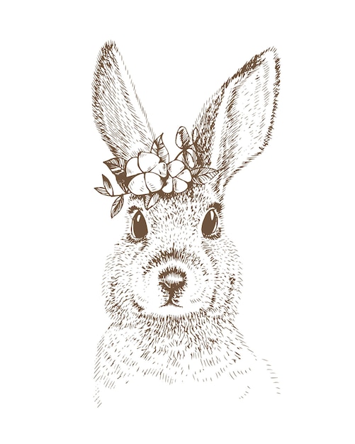 Illustration Dans Le Style Vintage Mignon Lapin De Pâques Lièvre Avec Des Fleurs Lapin Animal Mignon