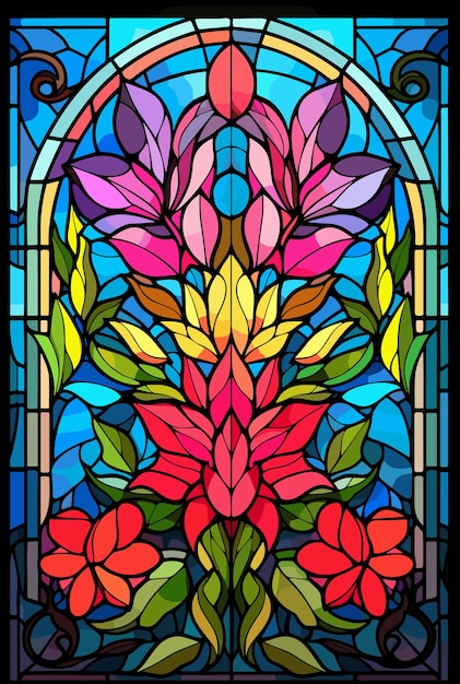 Illustration dans le style de vitraux avec des fleurs abstraites, des feuilles et des boucles image rectangulaire illustration vectorielle