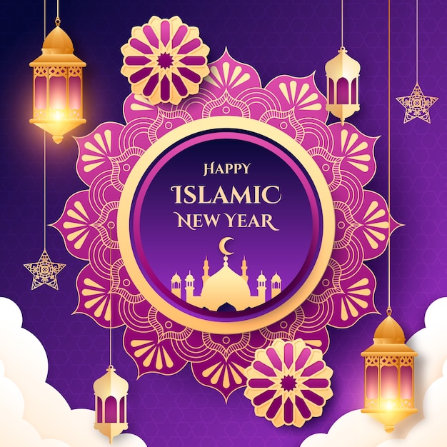 Illustration dégradée du nouvel an islamique avec forme de mandala et lanternes