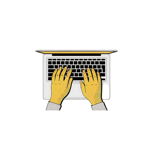 Illustration à demi-tone Mains à taper sur le clavier d'ordinateur portable Design minimaliste noir et jaune