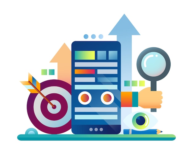 Illustration design plat avec appareil mobile, main avec loupe, fléchettes