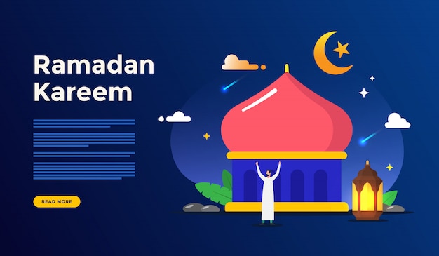 Illustration De Design Plat Islamique Pour Eid Heureux Fitr Ou Adha Mubarak Et Ramadan Kareem Avec Le Concept De Caractère De Gens Pour Le Modèle De Page De Renvoi Web
