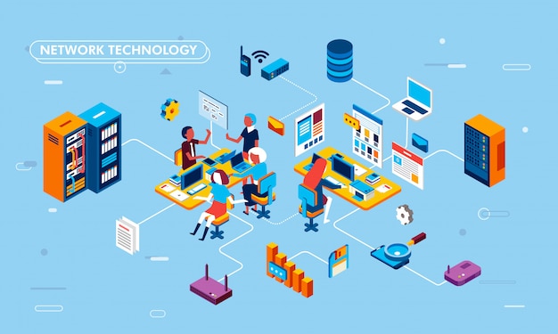 Illustration De Design Plat Isométrique De La Technologie De Réseau Sur Les Processus Métiers