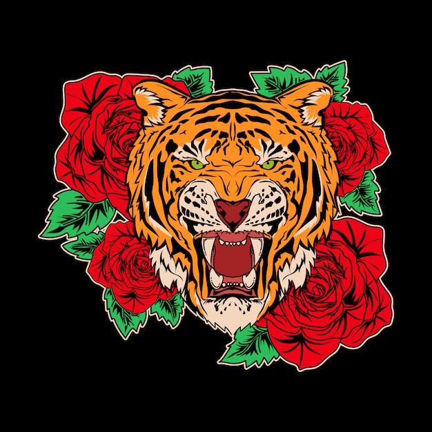 Illustration Design Tigre Et Rose Premium